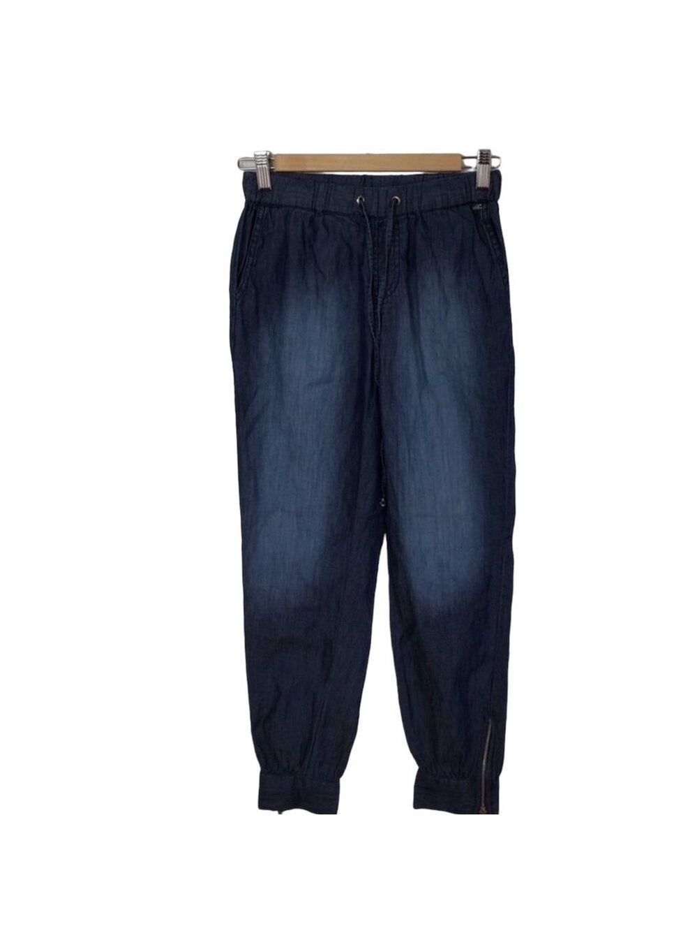 GUESS track pants lightweight blue denim pleated bottom zippers casual jeans XS
